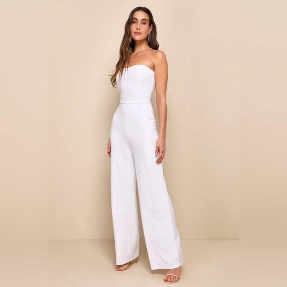 Lulus Edith White Strapless Wide-Leg Jumpsuit Size XL - Picture 3 of 6